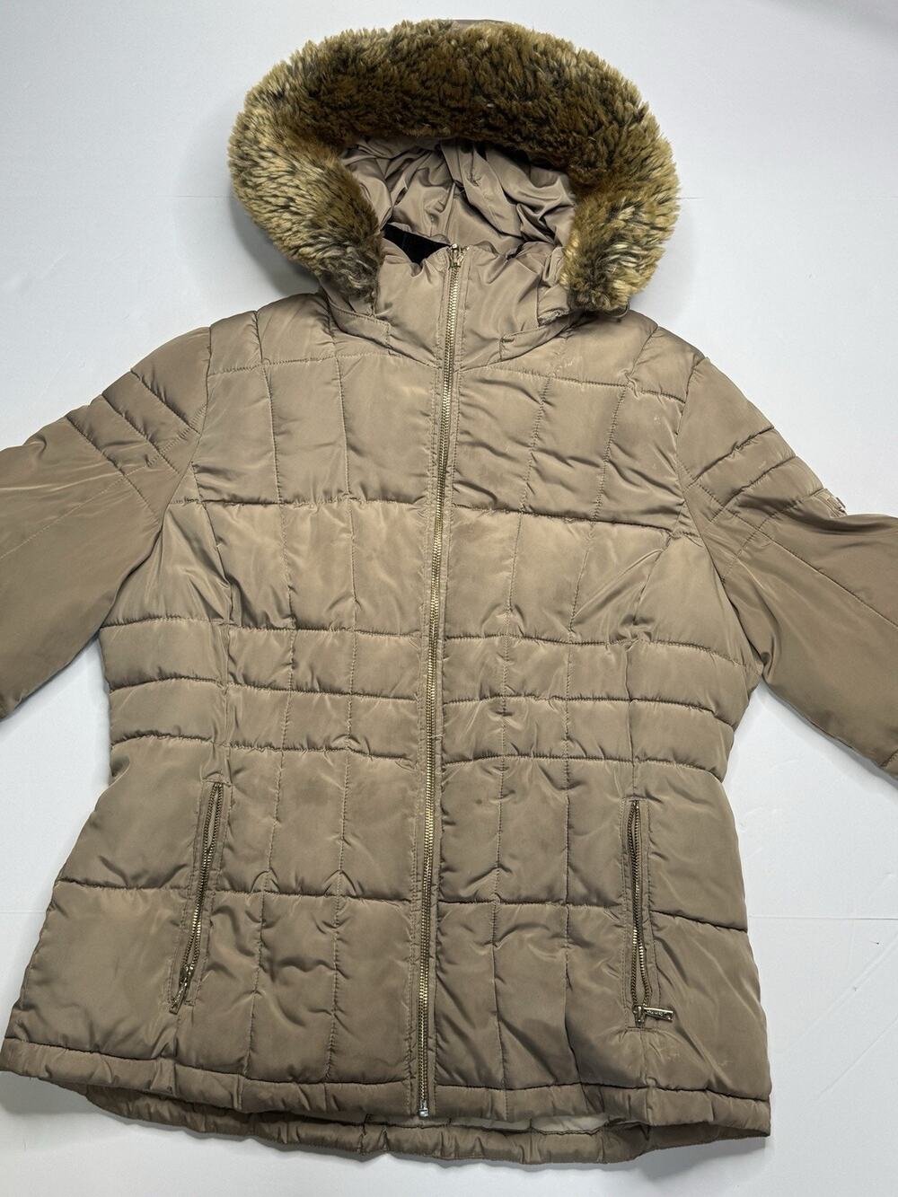 Calvin Klein Womens L Taupe Quilted Water Resistant Puffer Coat Faux Fur Hood